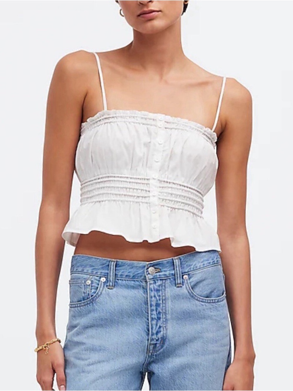 Madewell Poplin Smocked Button-Front Top XS White